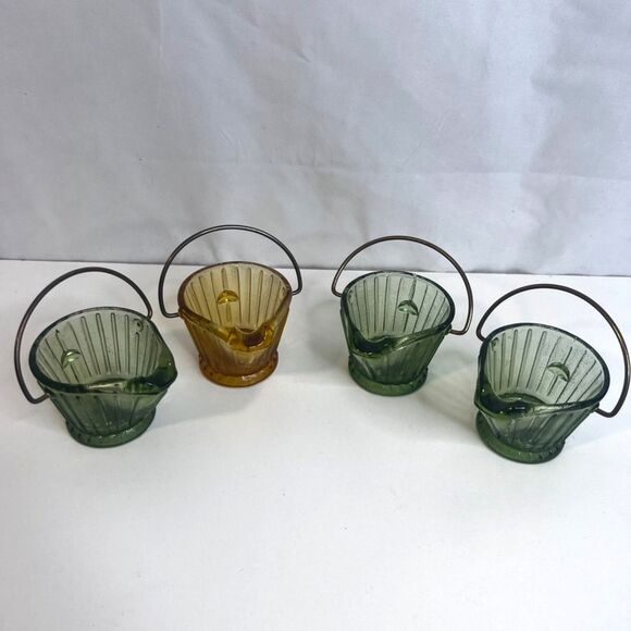 VTG Hazel Atlas Depression Glass Coal Bucket Ashtrays Scuttle 3 Green-1 Amber 2" - Picture 1 of 6